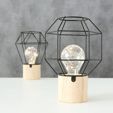 Laden Sie das Bild in den Galerie-Viewer, Tischleuchte STAGO mit Holzfuß und LED Leuchtdraht aus Metall