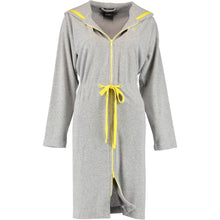 Laden Sie das Bild in den Galerie-Viewer, Cawö Home Bademantel Damen Kurzmantel mit Kapuze / Grau melange-gelb