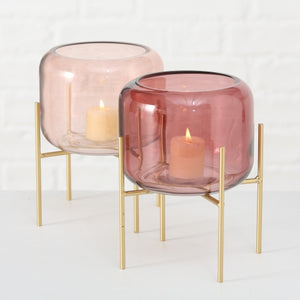 Windlicht LEONA mit goldfarbenem Fuß und Hellrosa Glas