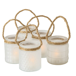 Windlicht TRAX aus Milchglas mit Henkel aus Tau