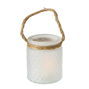 Windlicht TRAX aus Milchglas mit Henkel aus Tau