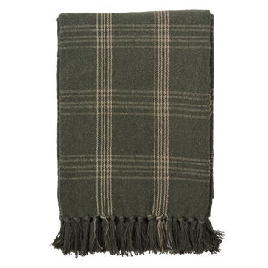 Gewebte Karo-Decke mit Fransen in darkgreen-beige 125x175