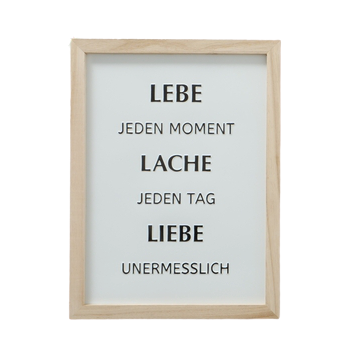 Eisenschild LEBENSLUST schwarz-weiß mit Holzrahmen LEBE LACHE LIEBE
