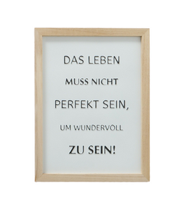 Eisenschild LEBENSLUST schwarz-weiß mit Holzrahmen 'Nicht perfekt, sondern wundervoll'