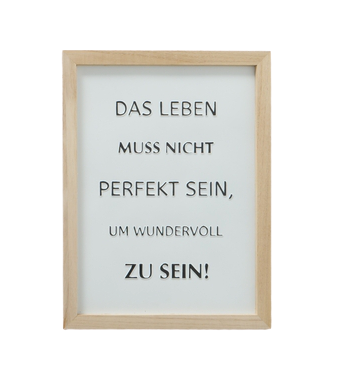 Eisenschild LEBENSLUST schwarz-weiß mit Holzrahmen 'Nicht perfekt, sondern wundervoll'