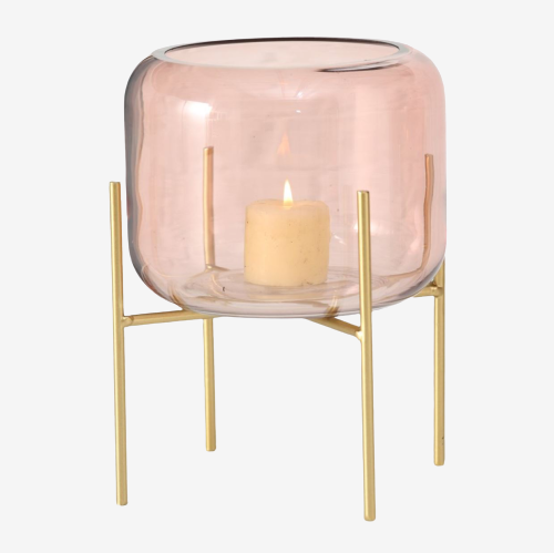 Windlicht LEONA mit goldfarbenem Fuß und Hellrosa Glas