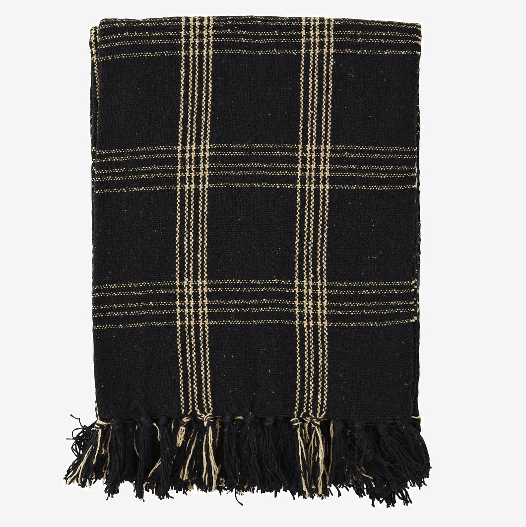 Gewebte Karo-Decke mit Fransen in schwarz-beige 120x150